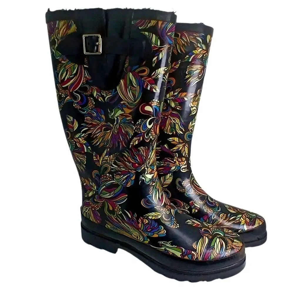 Designer Sakroots Womens Black Rain Boots with Colorful Birds Designs - Size 8